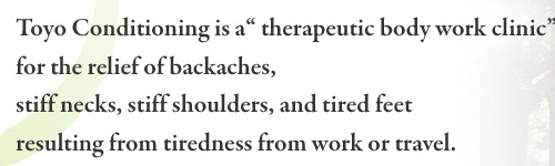 Toyo Conditioning is a "therapeutic body work clinic"
for the relief of backaches, stiff necks, stiff shoulders, and tired feet resulting from tiredness from work or travel.